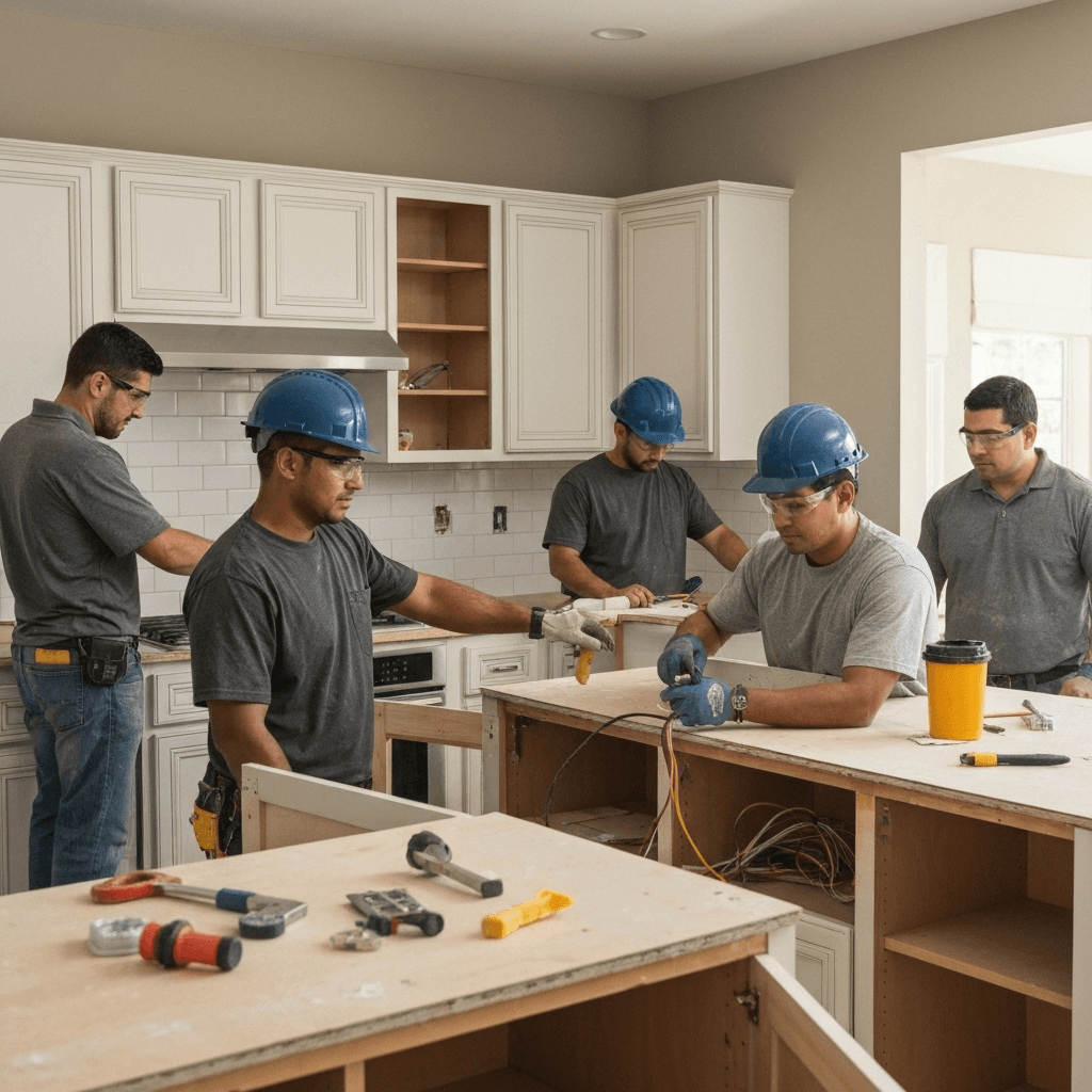 Professional contractors measuring and planning kitchen cabinet installation