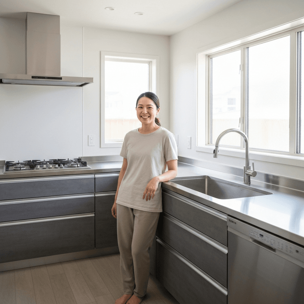 Happy homeowner in newly renovated modern kitchen with white cabinets