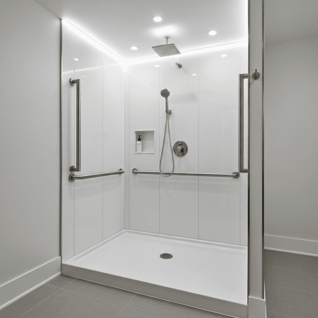 Low-threshold white shower with grab bars and a handheld showerhead