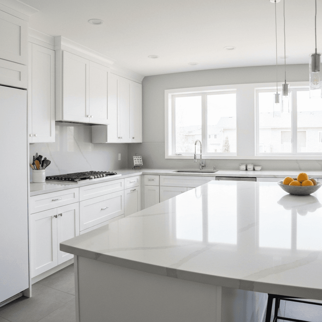 Bright white kitchen with a broad quartz island and pendant lighting